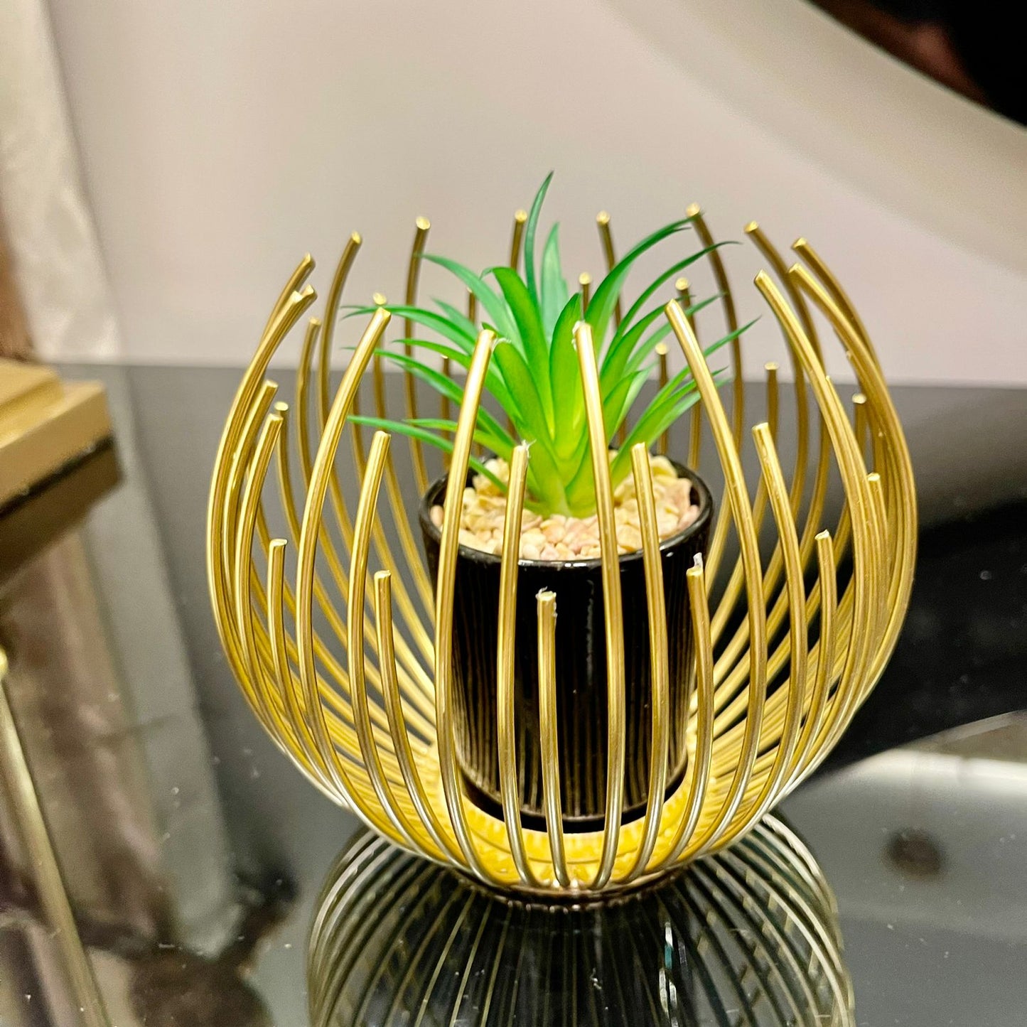 METALLIC GOLDEN GLOBE DECOR WITH PLANTER INSIDE