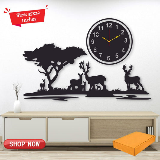 Big Wooden Grazing Deers in Meadows wall clock